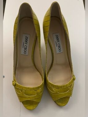 Jimmy Choo Yellow Croc-Embossed Peep-Toe Pumps